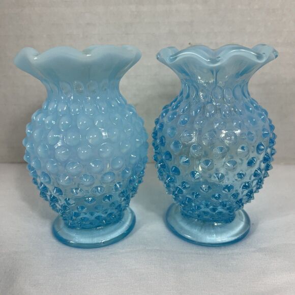 Fenton Other - Fenton Vase Hobnail Aqua Blue Opalescent Glass Bud Small 3.5” Ruffle Edge Set 2